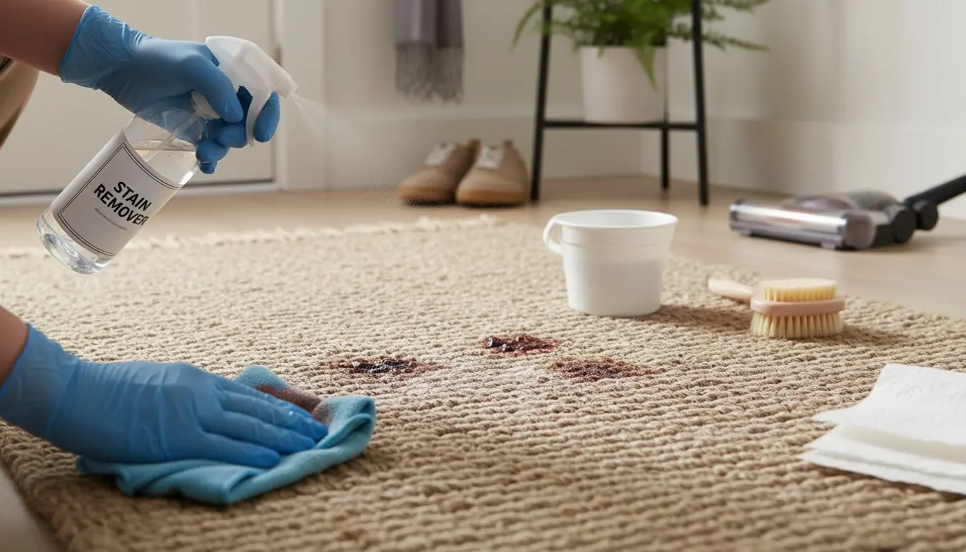 Nærbillede af rensning af sisaltæppe i entre med hænder, rensemidler og klude ved blodpletter.