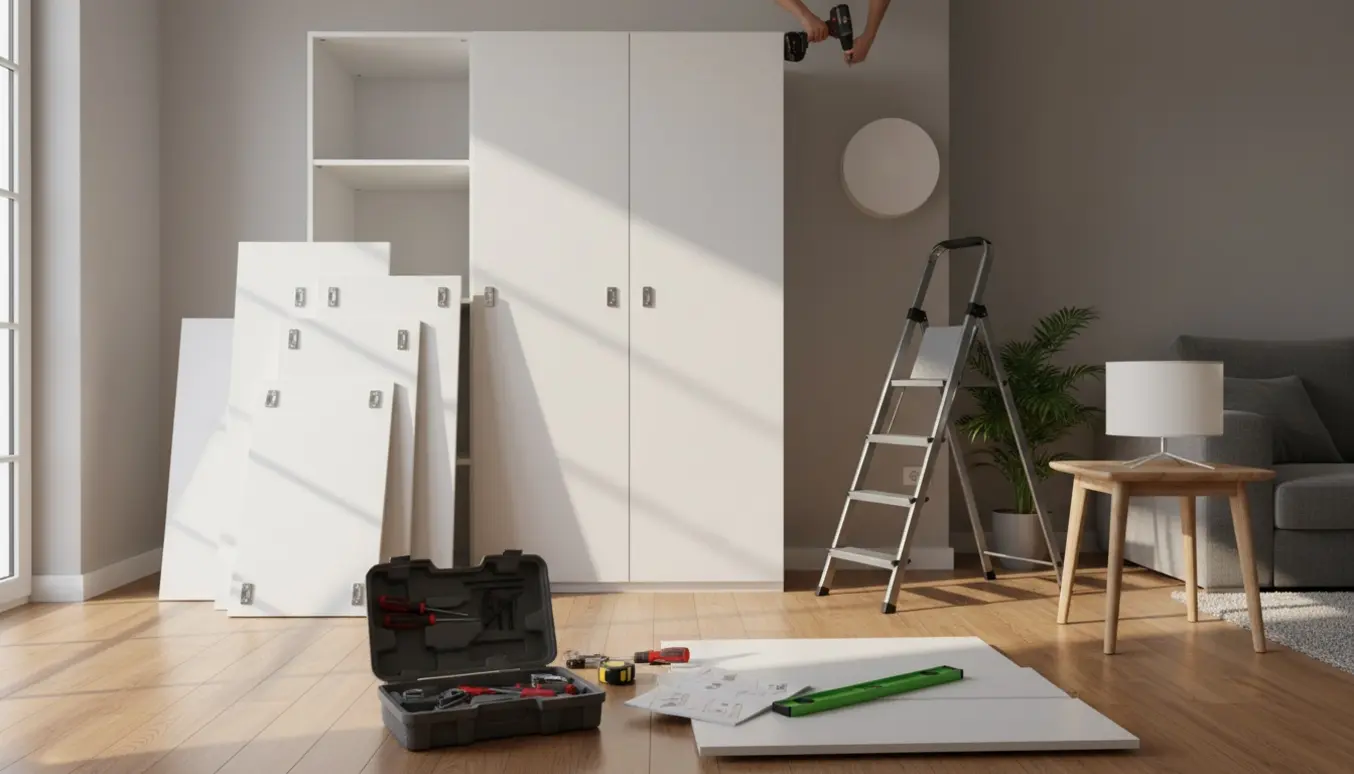 Delvist samlet hvidt tre-dørs garderobeskab i et lyst værelse mens to lamper monteres, med værktøj spredt på gulvet.