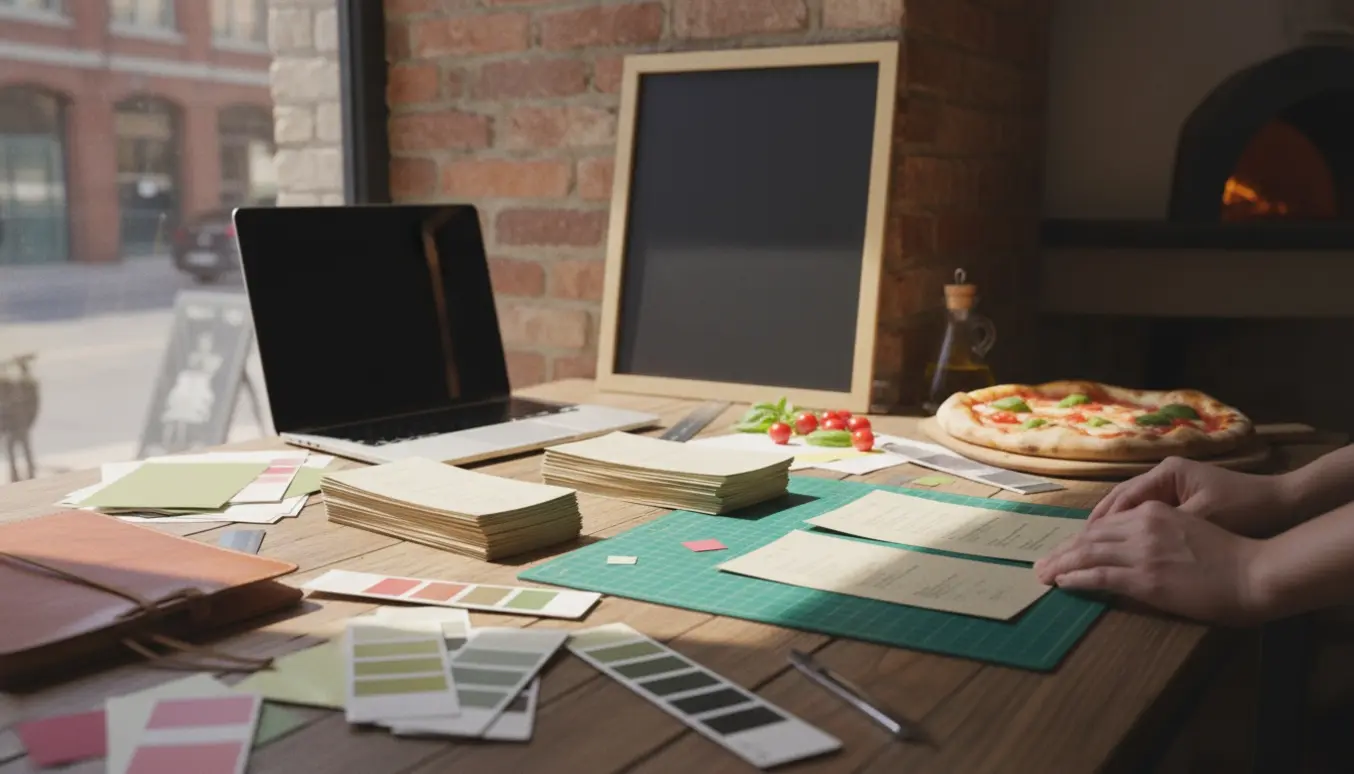 Friske trykte menukort og et blankt skilt mockup på et soloplyst bord i et hyggeligt pizzeria.