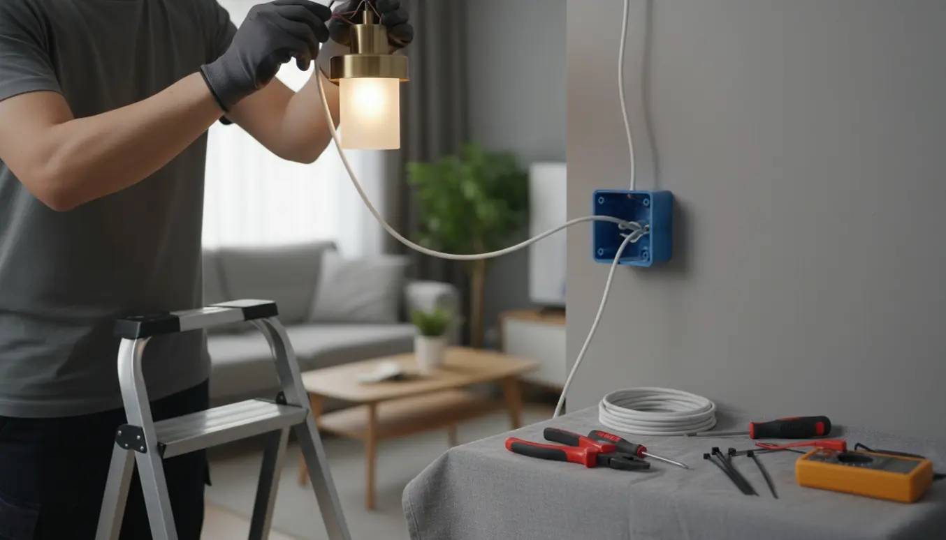 Elektriker med handsker monterer en loftslampe og trækker elkabler i en stue med åbne elbokse og værktøj.