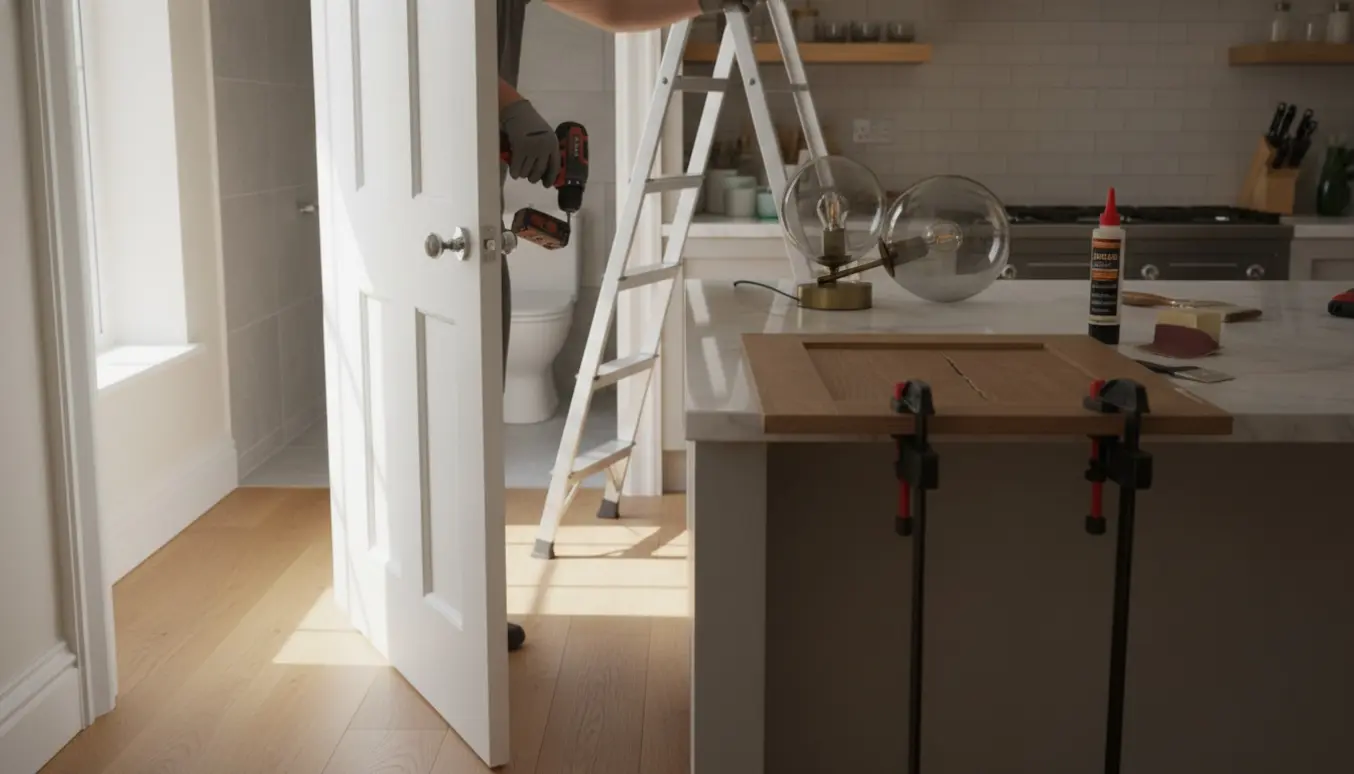 Ny toiletdør monteres, lamper udskiftes og en køkkenlåge repareres i et lyst køkkenmiljø.