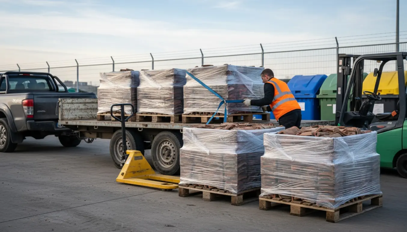 Seks paller med indpakkede gamle tagplader læsset ved en dansk genbrugsstation.