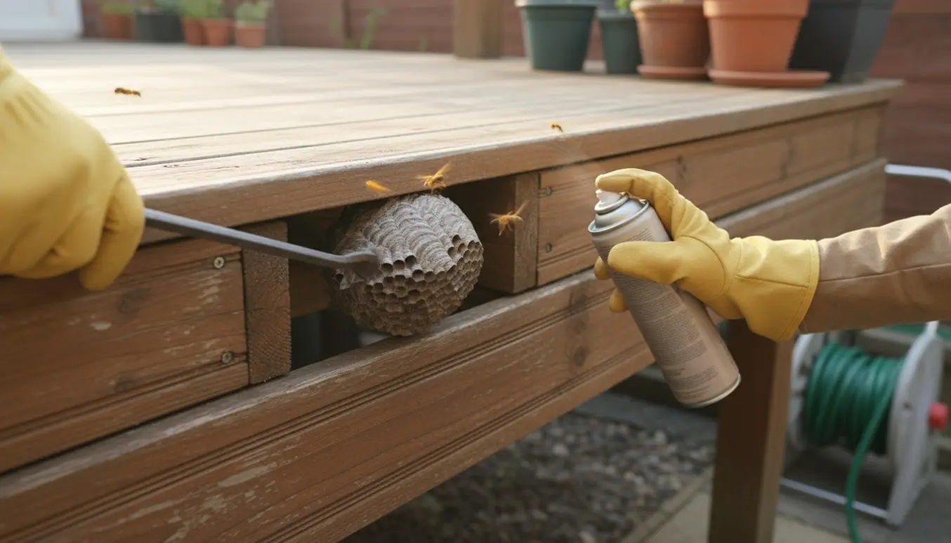 Beskyttede hænder fjerner et hvepsebo under en træterrasse.