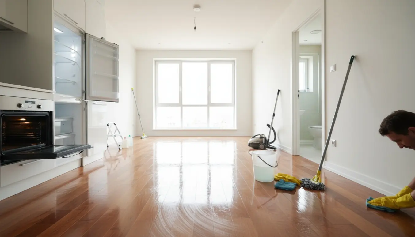 Rengøringsudstyr og hænder i handsker pudser karme og gulve i en tom, nyligt malet lejlighed med skinnende vinduer.