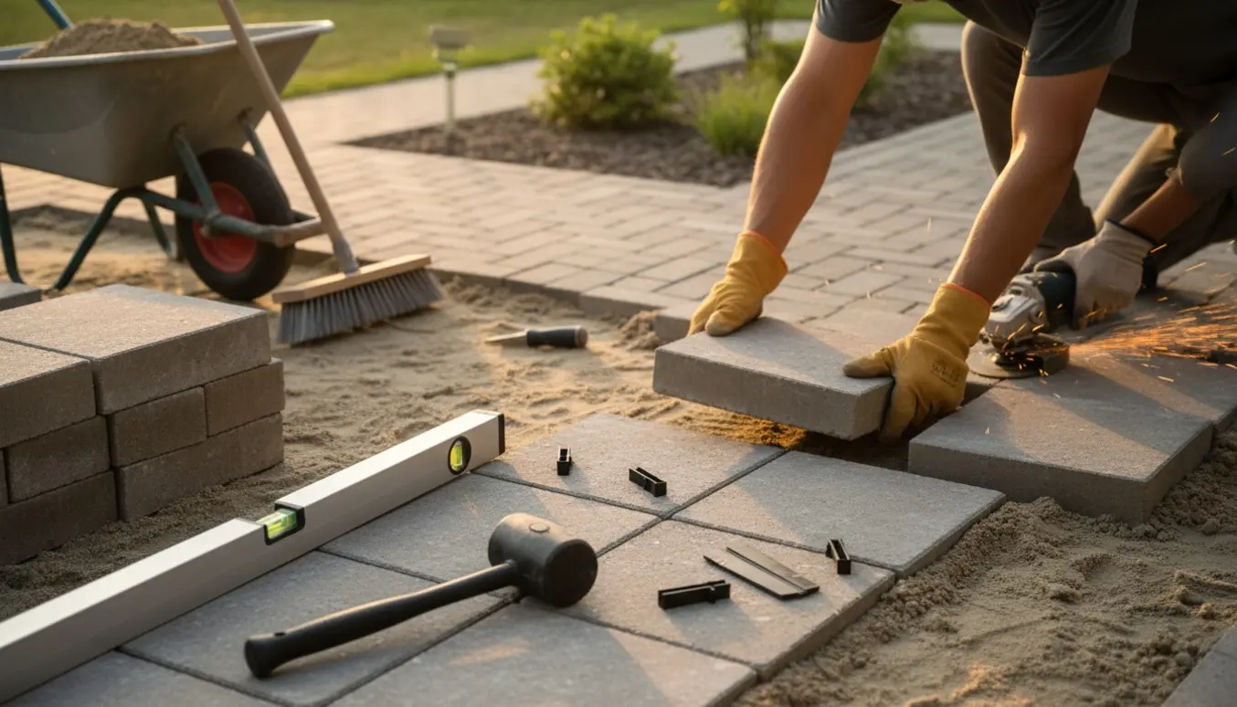 Nærbillede af lægning af havefliser med værktøj og runding af kant med vinkelsliber.
