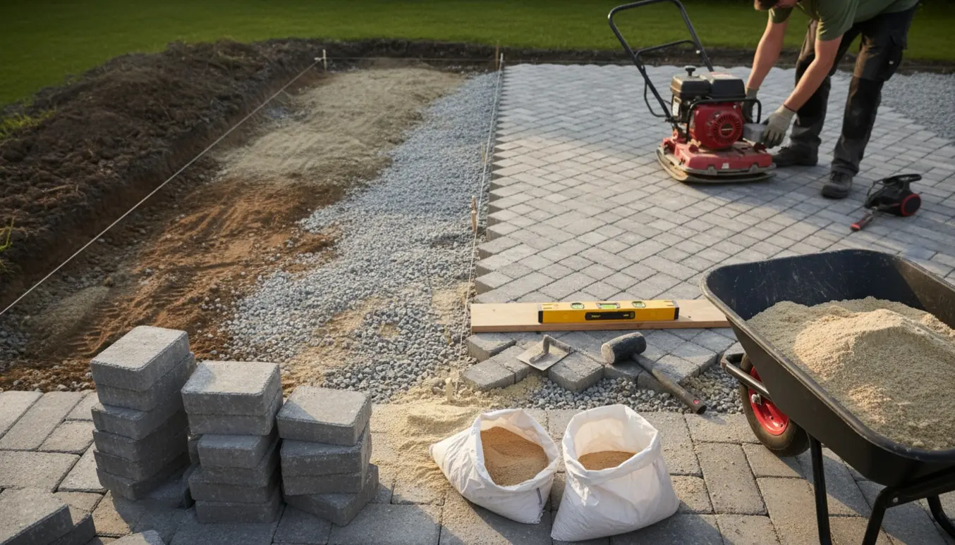 Delvist færdig terrasse med grå Holmegårdssten, værktøj og stabilgrus i baghaven.