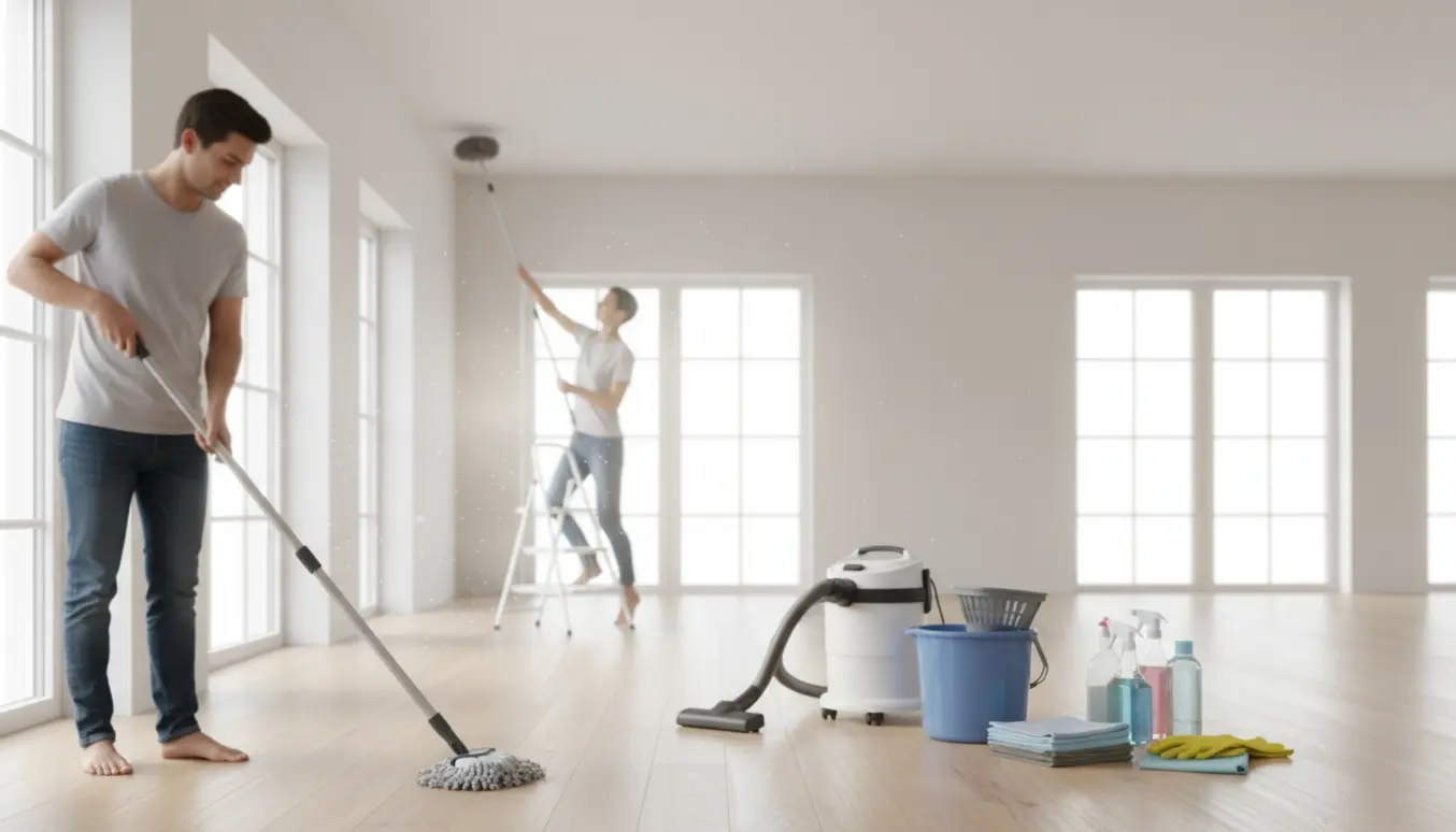 Rummeligt skandinavisk hjem, hvor en person mopper gulvet og fjerner spindelvæv med støvsuger, spand og klude i forgrunden.