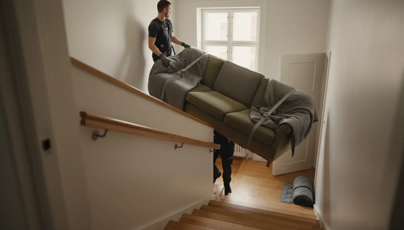 To personer bærer en stor trepersoners sofa op ad en lejlighedstrappe mod tredje sal.