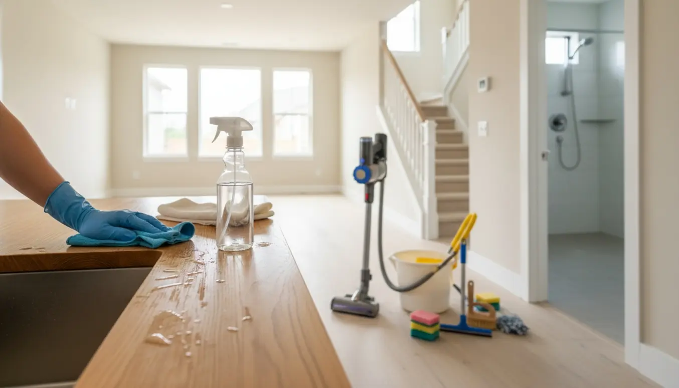 Rengøringshandsker tørrer et køkkenbord i et lyst, tomt hus klar til flytterengøring.