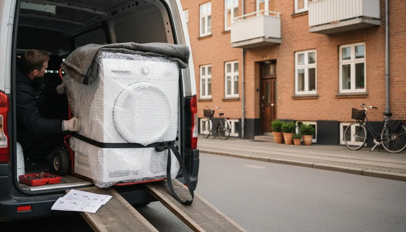 En hvid tørretumbler bliver læsset ind i bagagerummet på en varevogn på en stille, solrig morgen i et dansk boligkvarter.