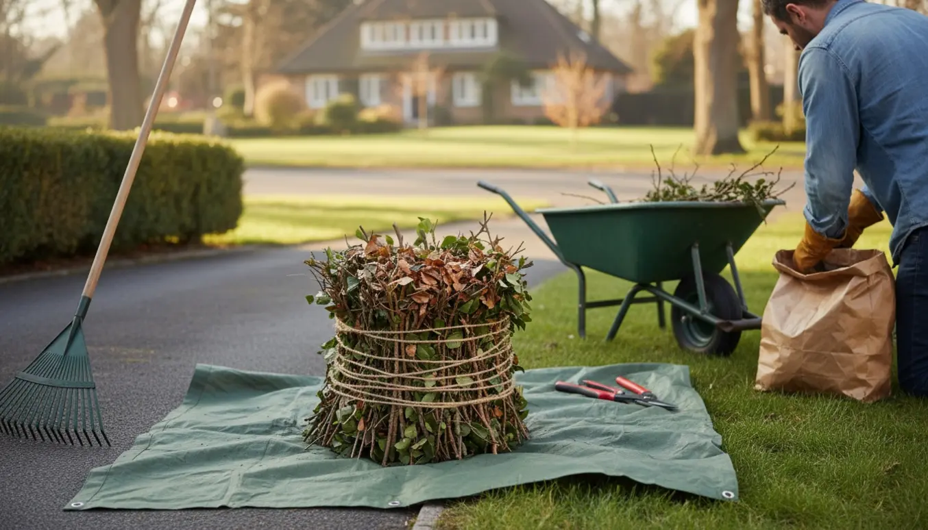 En bunke haveaffald med beskårne grene og blade samlet og bundet til afhentning ved indkørslen.