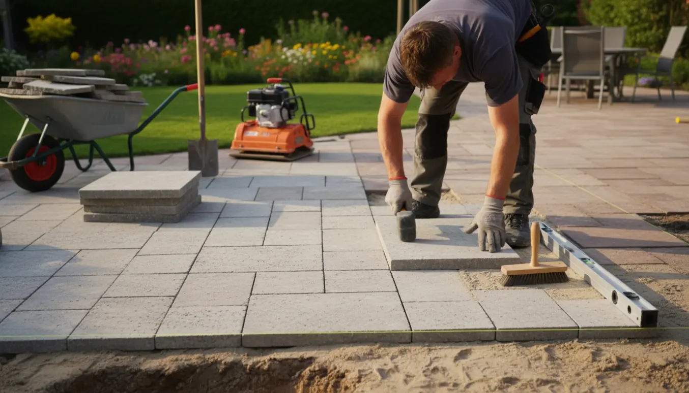 Håndværker lægger nye fliser i en lille have med trillebør fyldt med gamle sten og værktøj i baggrunden.