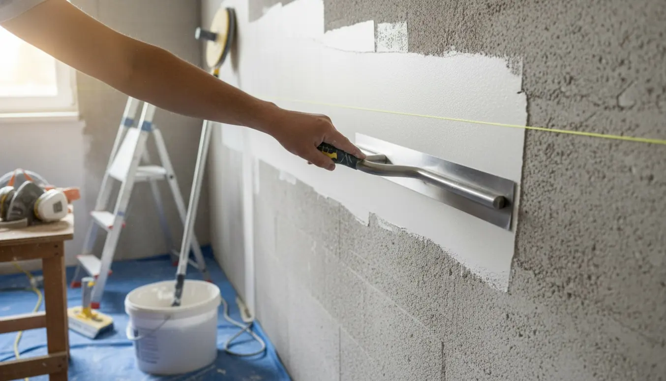 Hænder fuldspartler en gasbetonvæg med en 80 cm ergo-spartel, mens en giraf-sliber står i baggrunden.