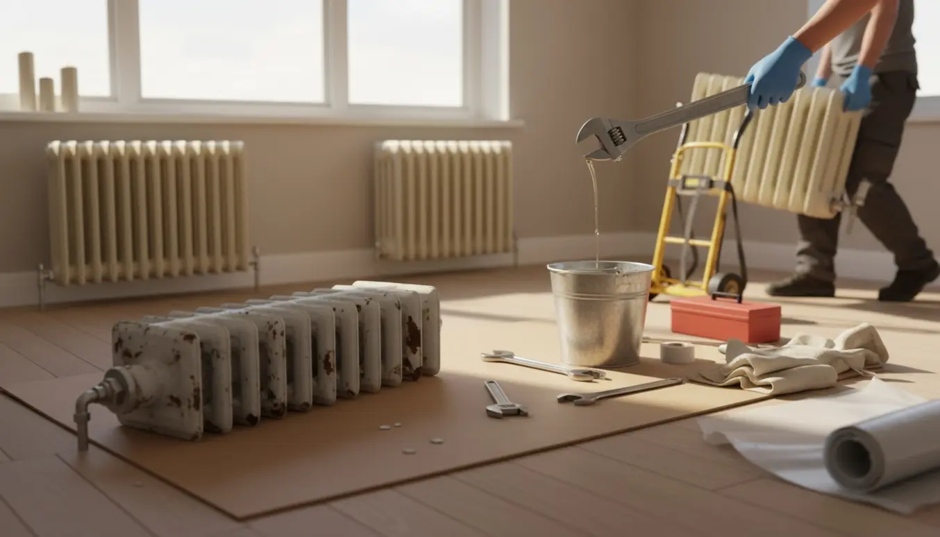 To håndværkere fjerner tre radiatorer i et lyst værelse med værktøj og beskyttelsesplast på gulvet.