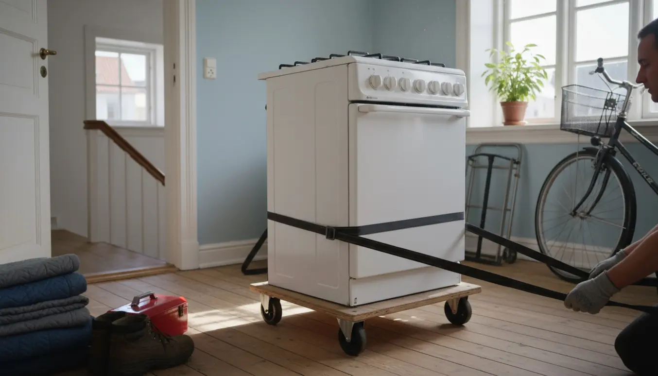 Et 60 cm gaskomfur med fire kogeplader på en tralle i en lejlighed ved en åben trappe, klar til at blive båret ned.