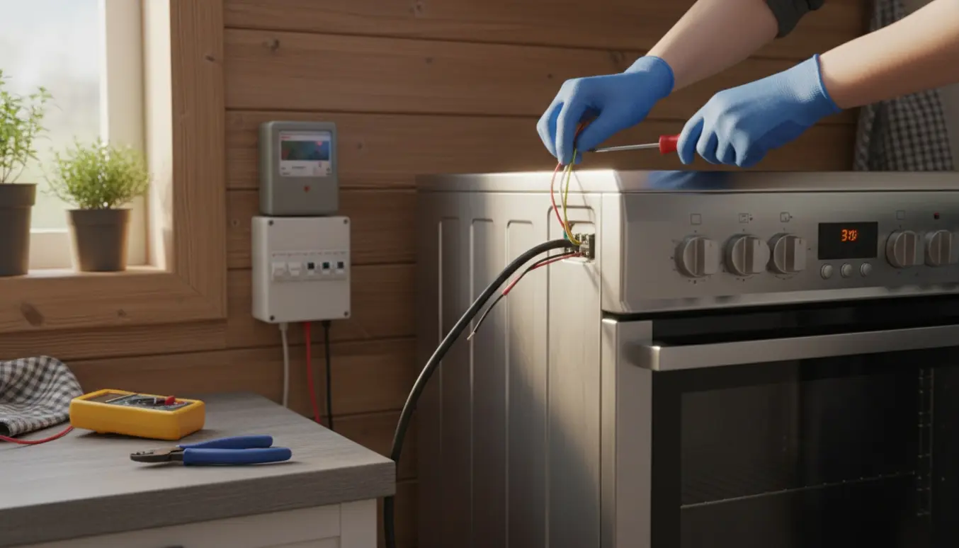 Hænder tilslutter strømkabel til et elektrisk komfur i et lyst kolonihavekøkken.