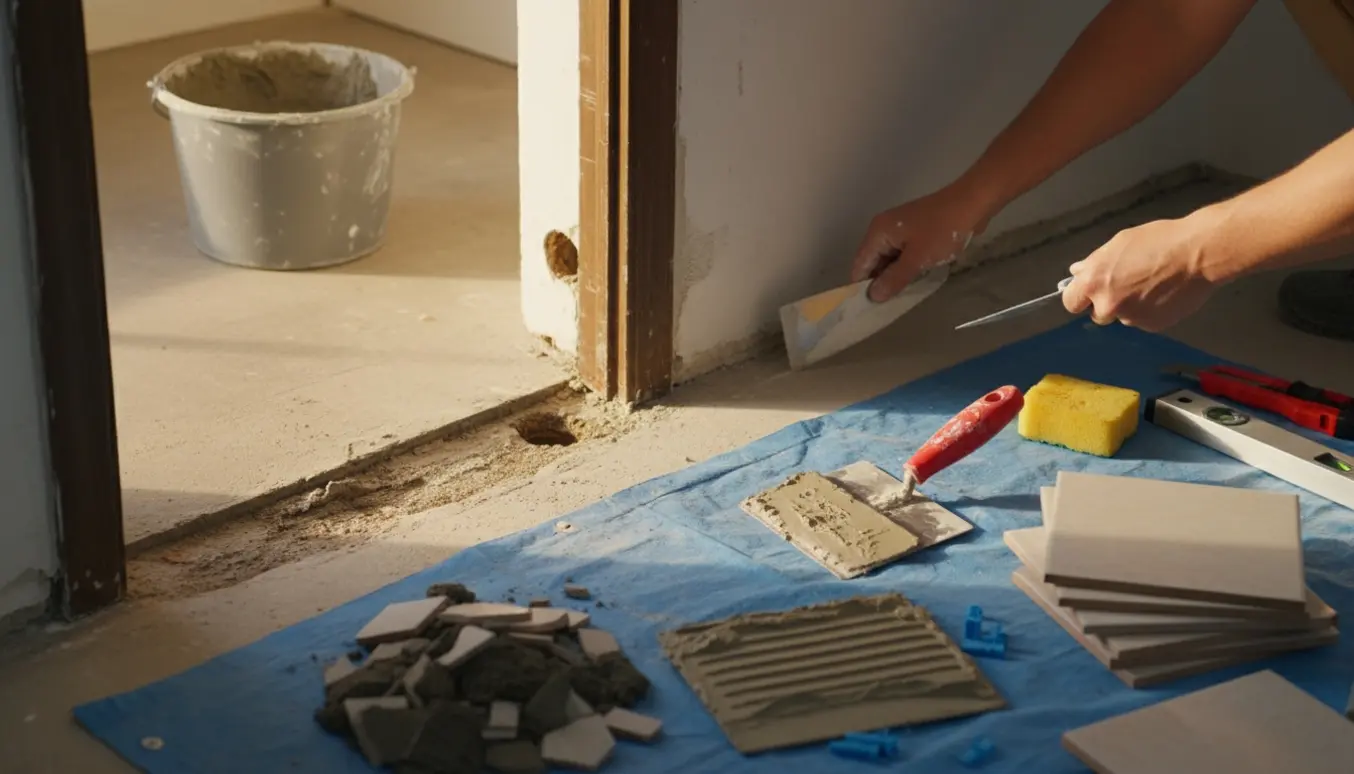 Reparation ved dørkarm og gulv med fjernede fliser, frisk puds og værktøj.