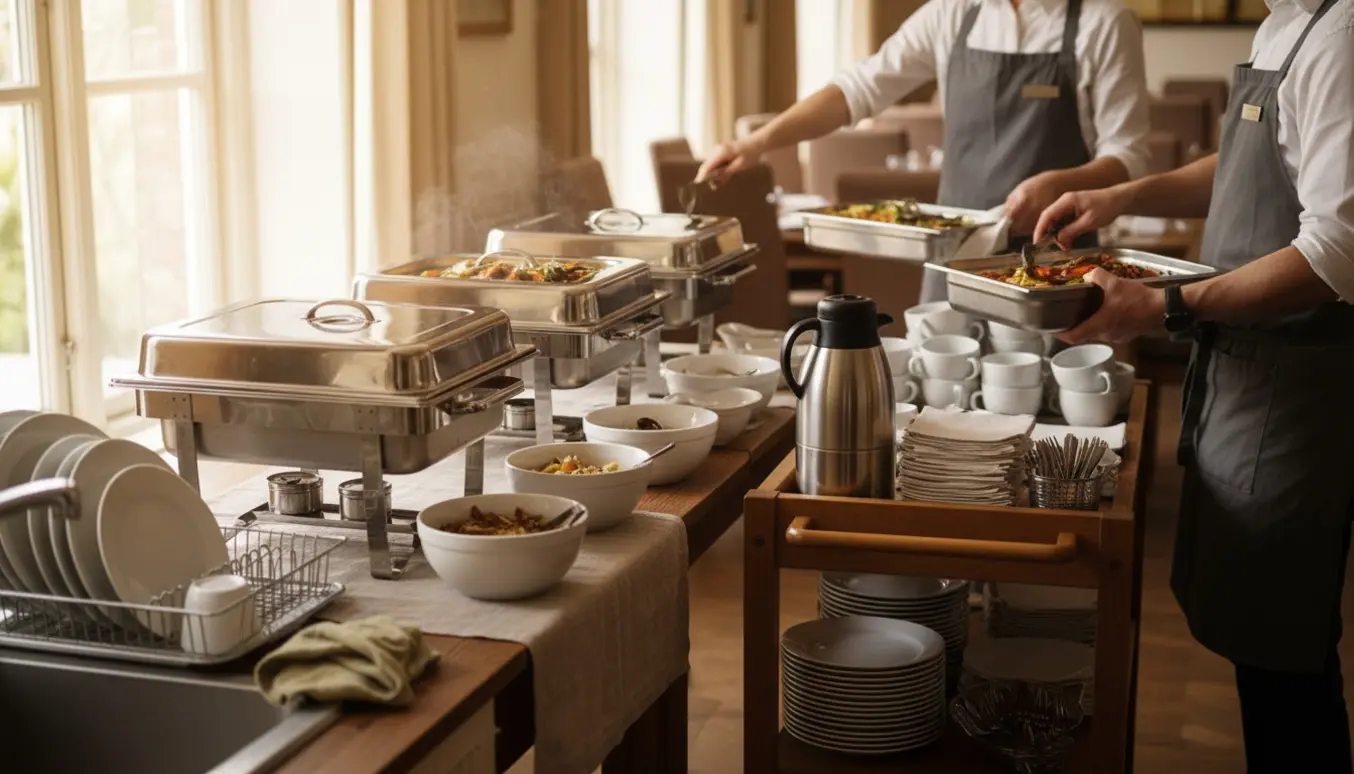 Opfyldning af buffet til privat fest med kaffe, fade og et rullebord med service.