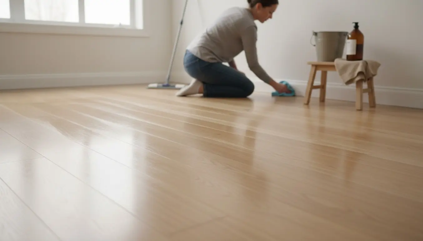 Lyst trægulv og fodlister bliver sæbebehandlet med moppe og klude i et tomt, soloplyst rum.