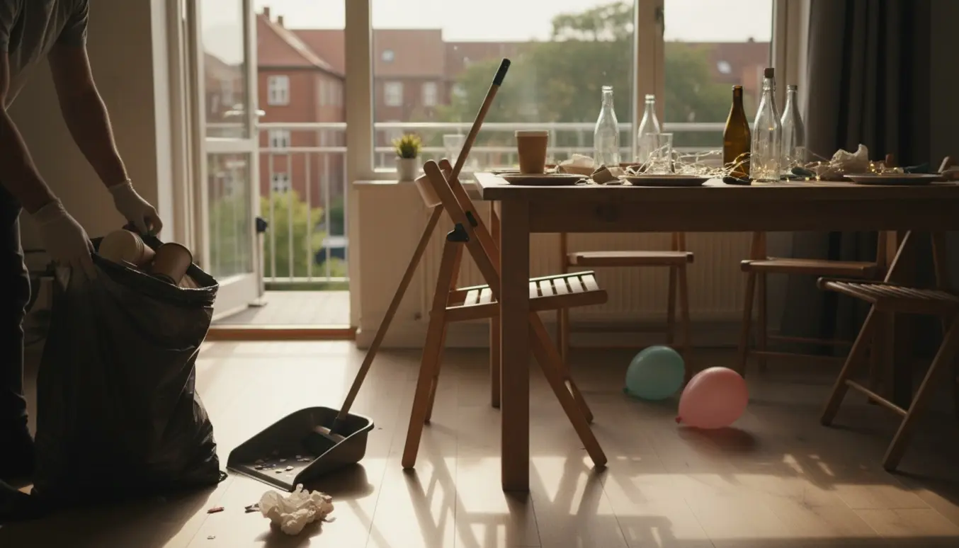 Oprydning efter fest i en lejlighed i Aalborg Øst med handsker, affaldssæk og kost i fokus.