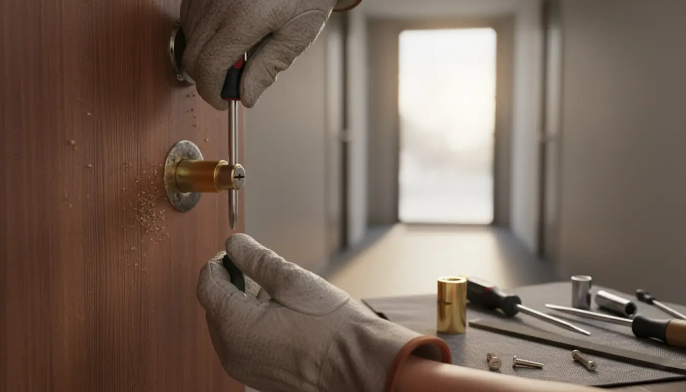 Nærbillede af hænder, der restaurerer låsen i en hoveddør med værktøj og naturligt lys.