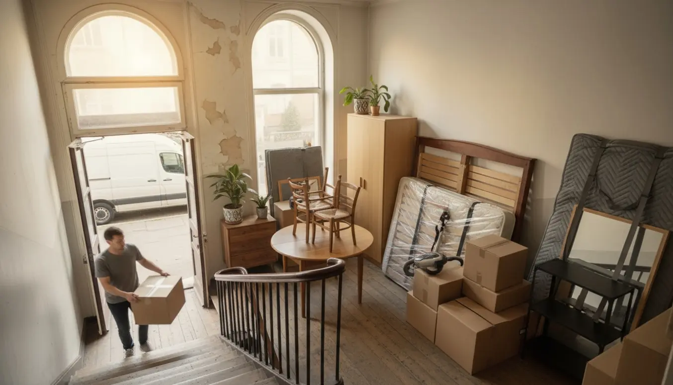 Møbler og flyttekasser bæres ned ad en smal opgang mod en varevogn på gaden.