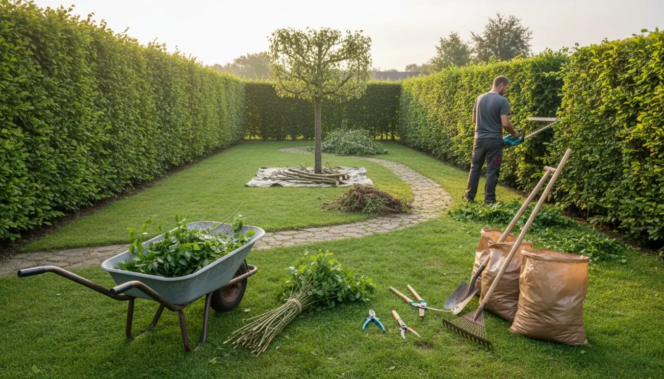 Allerede beskåret bøgehæk på kolonihave med haveværktøj, trailer og bortskaffede grene klar til afhentning.