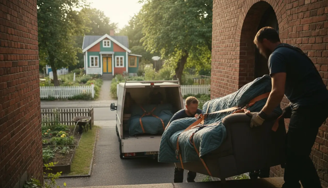 To flyttefolk bærer en tung sovesofa ned fra 3. sal, indpakket i flyttetæpper og sikret med stropper, klar til transport til en kolonihave.