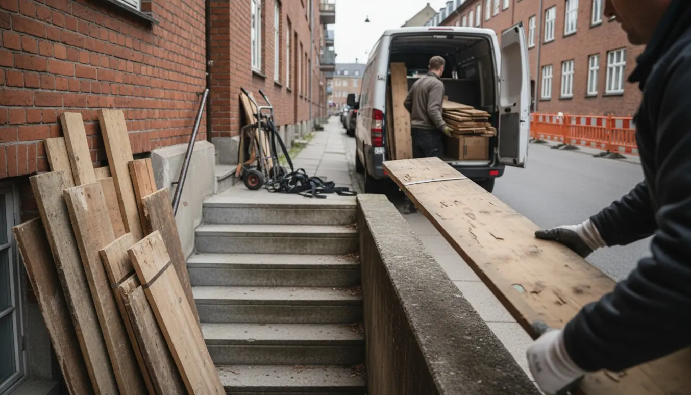 Kælderudgang på Nørrebro med træstykker båret op ad trappen og ind i en varevogn til afhentning af storskrald.