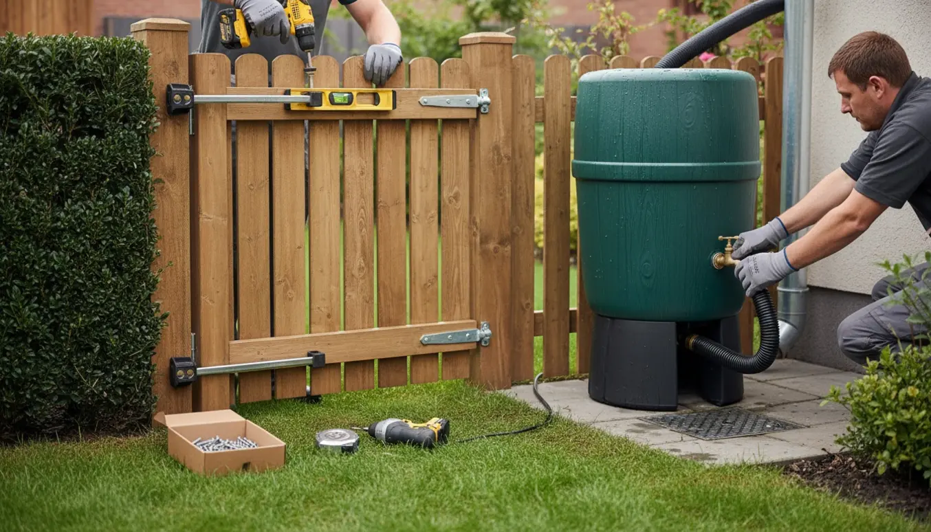 Hænder monterer en havelåge og installerer en regnvandstønde på zinknedløb med overløb ført tilbage til afløb.