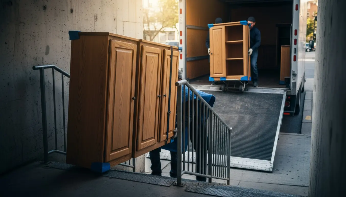 Flyttefolk bærer skabe op ad en udvendig trappe fra en kælder mod en flyttevogn.