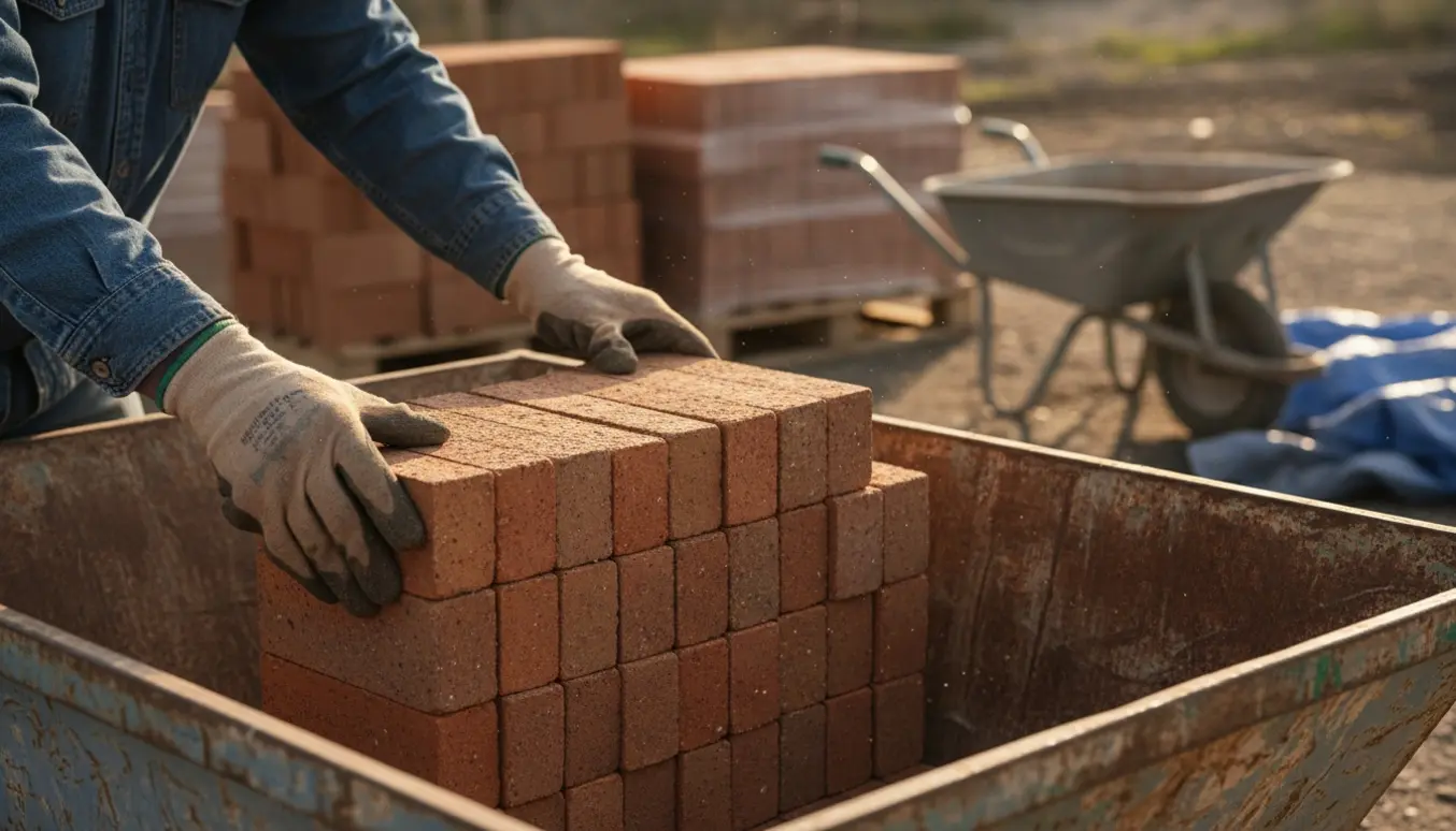 Arbejdshandsker læsser mursten i en byggecontainer på en byggeplads.