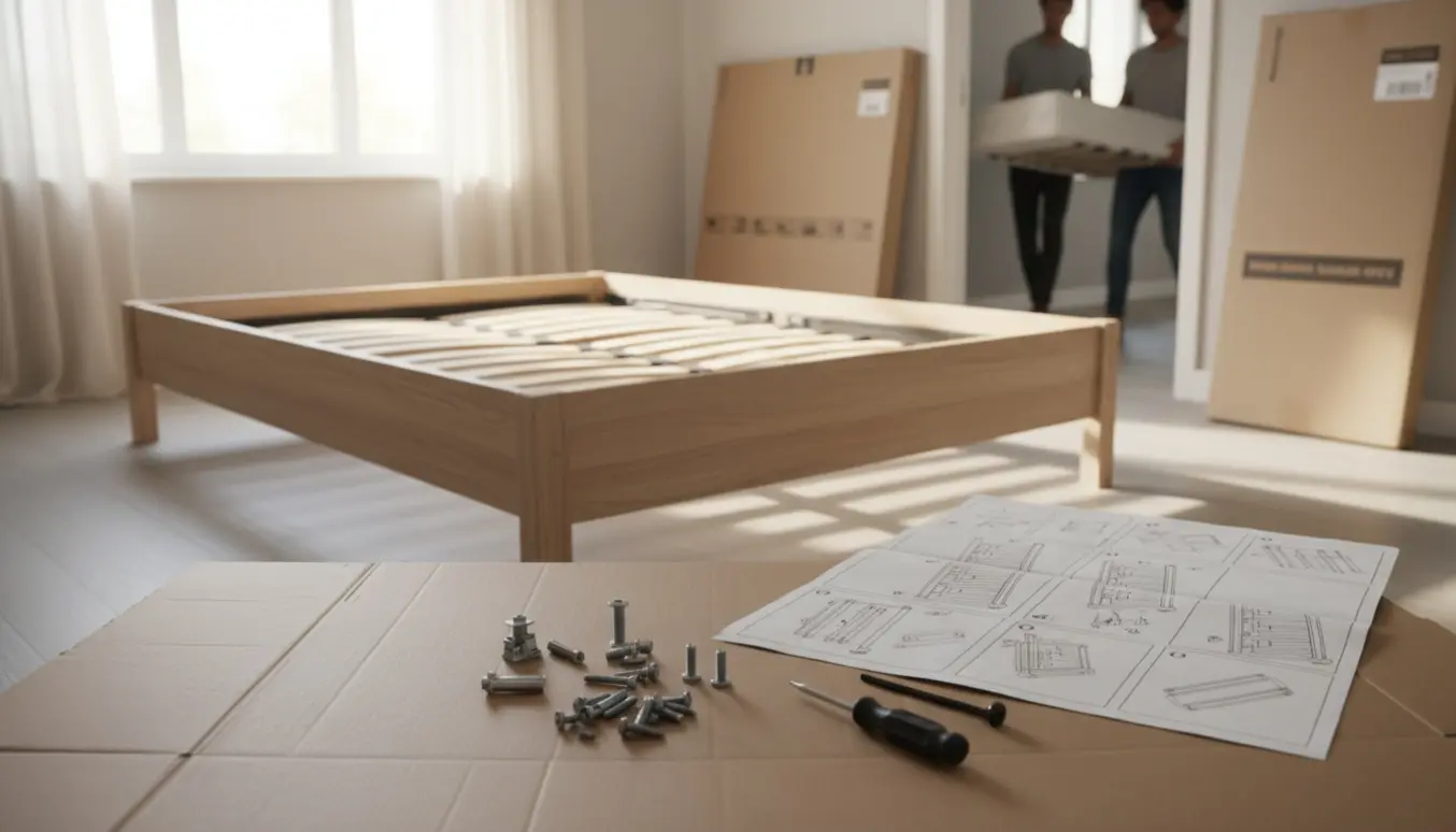 Delvist samlet fladpakket seng i et lyst soveværelse med værktøj i forgrunden og gammelt sengebund og madras båret ud.