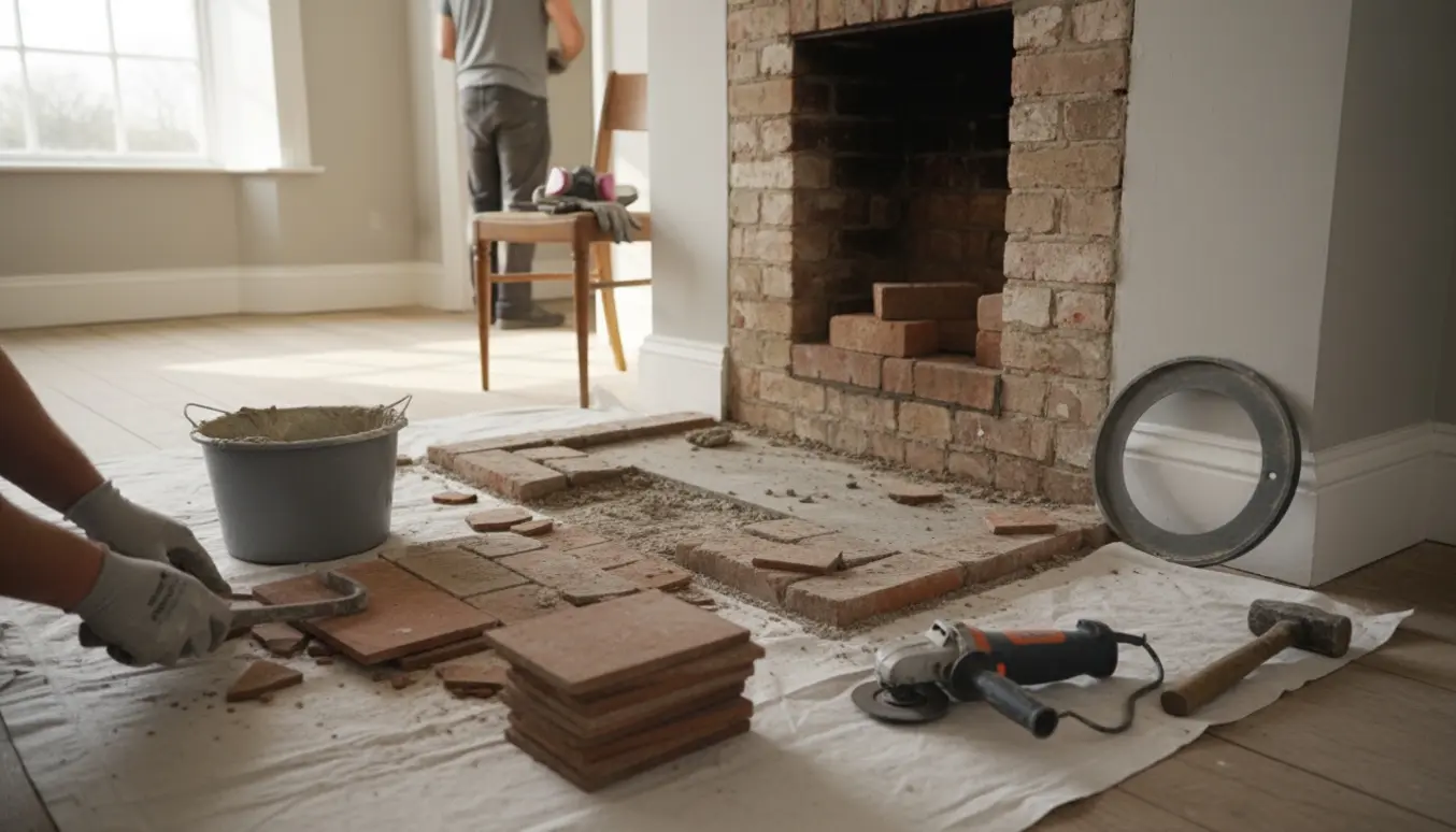 Håndværker fjerner brændeovn og klinker, mens skorstenen blændes i en lys stue.