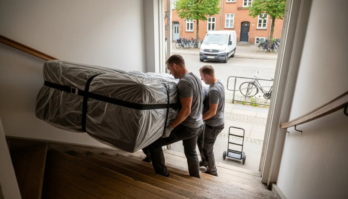 To personer bærer en indpakket 120x200 seng op ad en trappe i en lejlighedsbygning i Aalborg.