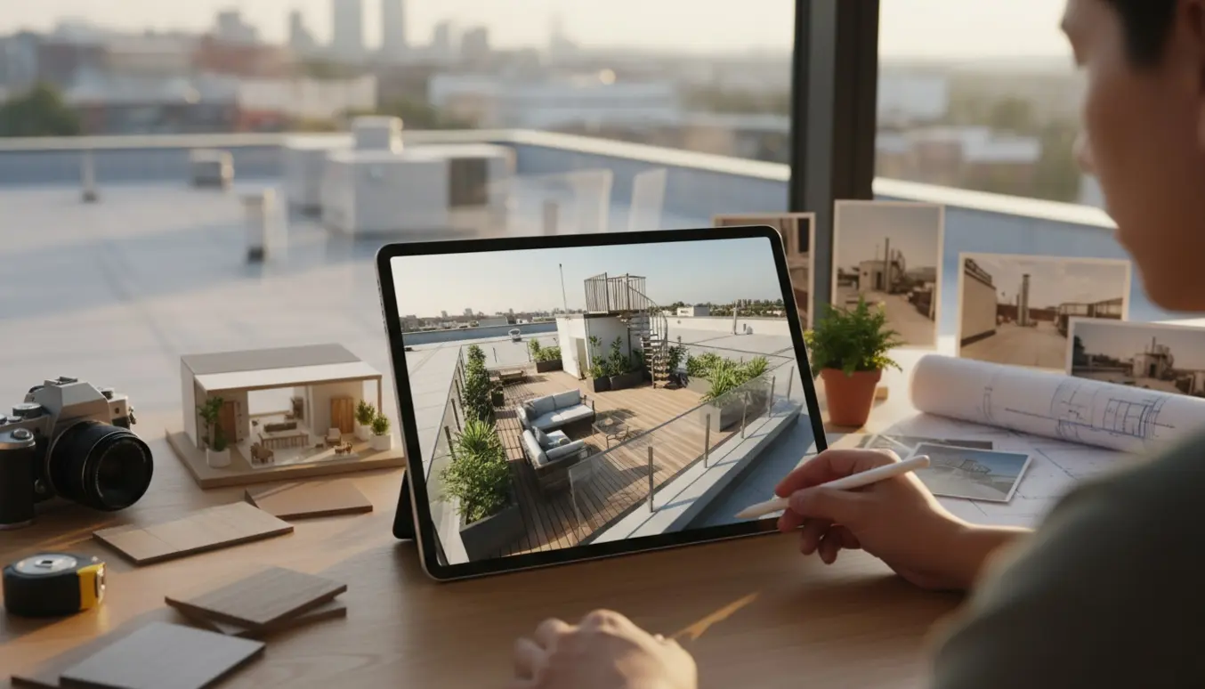 Digital tegning af en tagterrasse på en tablet med arkitektmaterialer og tagudsigt i et lyst arbejdsrum.