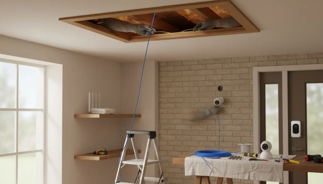 Tekniker trækker netværkskabel gennem loftet under montering af udendørs overvågningskameraer.