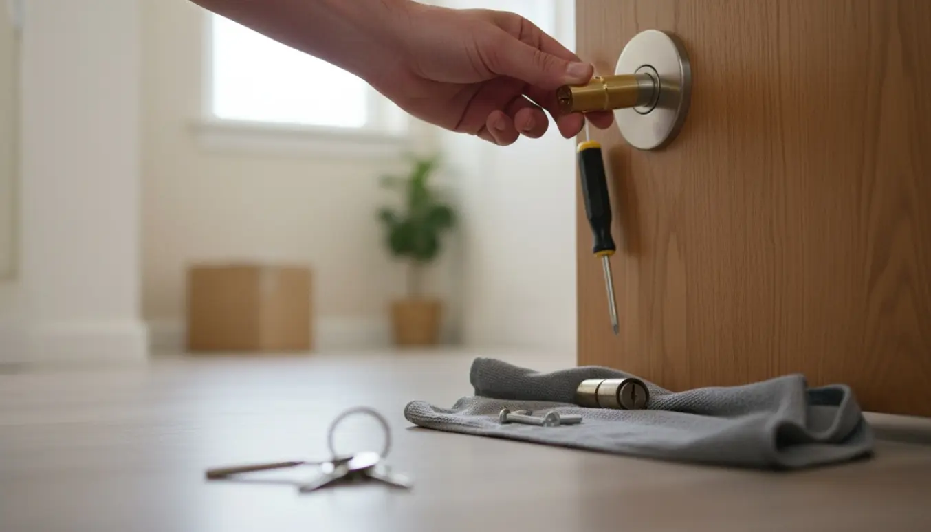 Hænder udskifter cylindernøgle på en hoveddør med skruetrækker og 2–3 nøgler ved siden af.