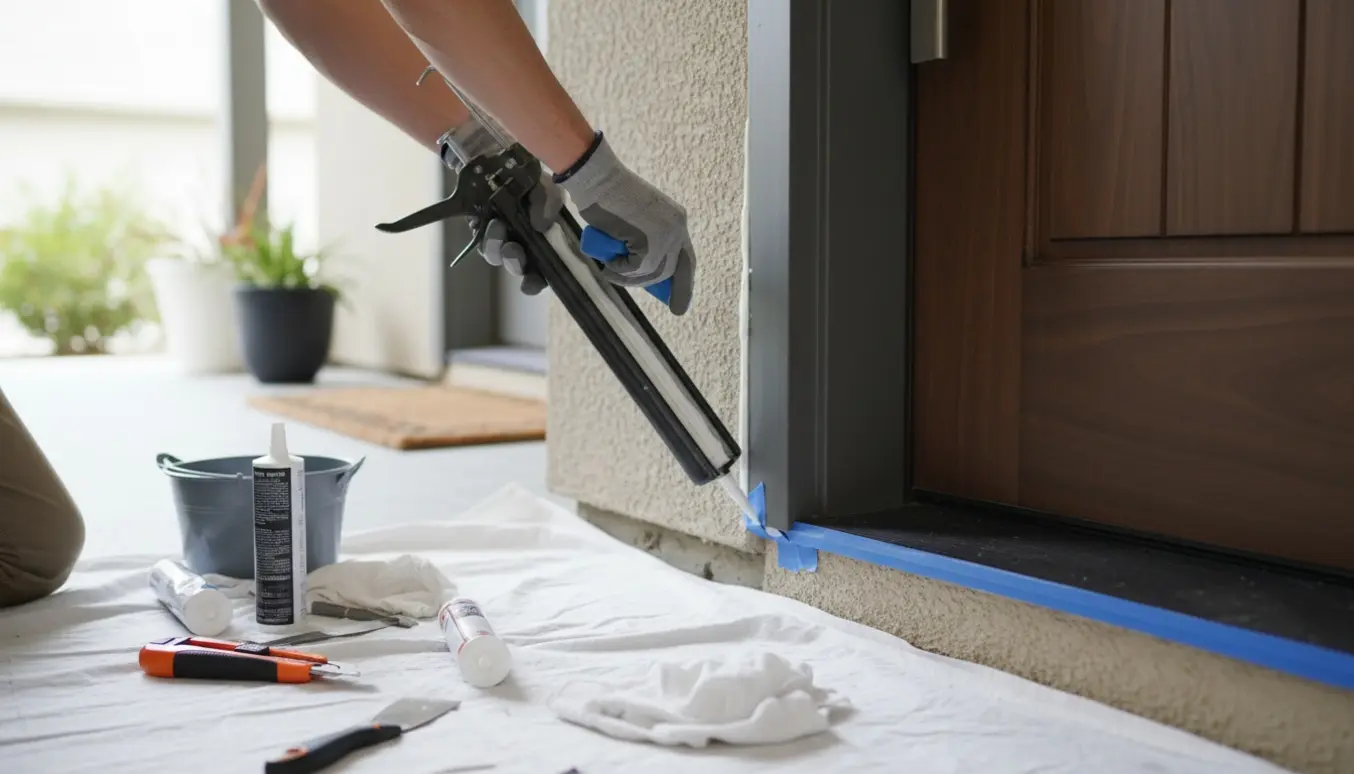 Hænder fuger rundt om en ny hoveddør med fugepistol og værktøj lagt klar.