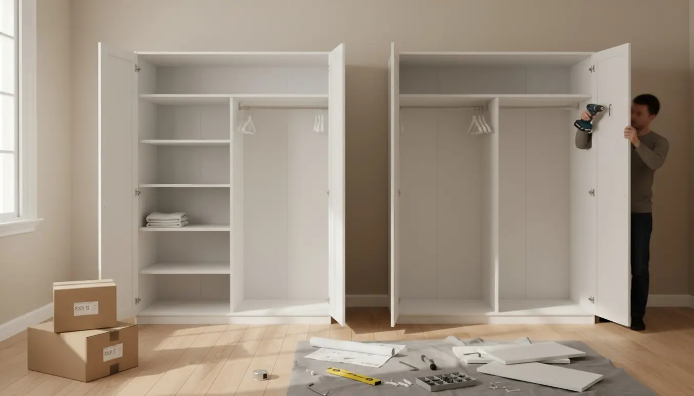 To hvide PAX-skabe, det ene monteret og det andet under opsætning med hænder og værktøj i et lyst soveværelse.