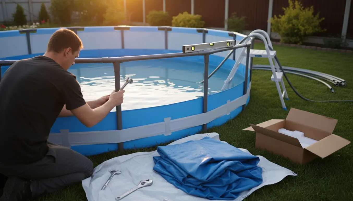 Delvist samlet Avenli-pool i baghaven, en person knæler og monterer metalrammen.