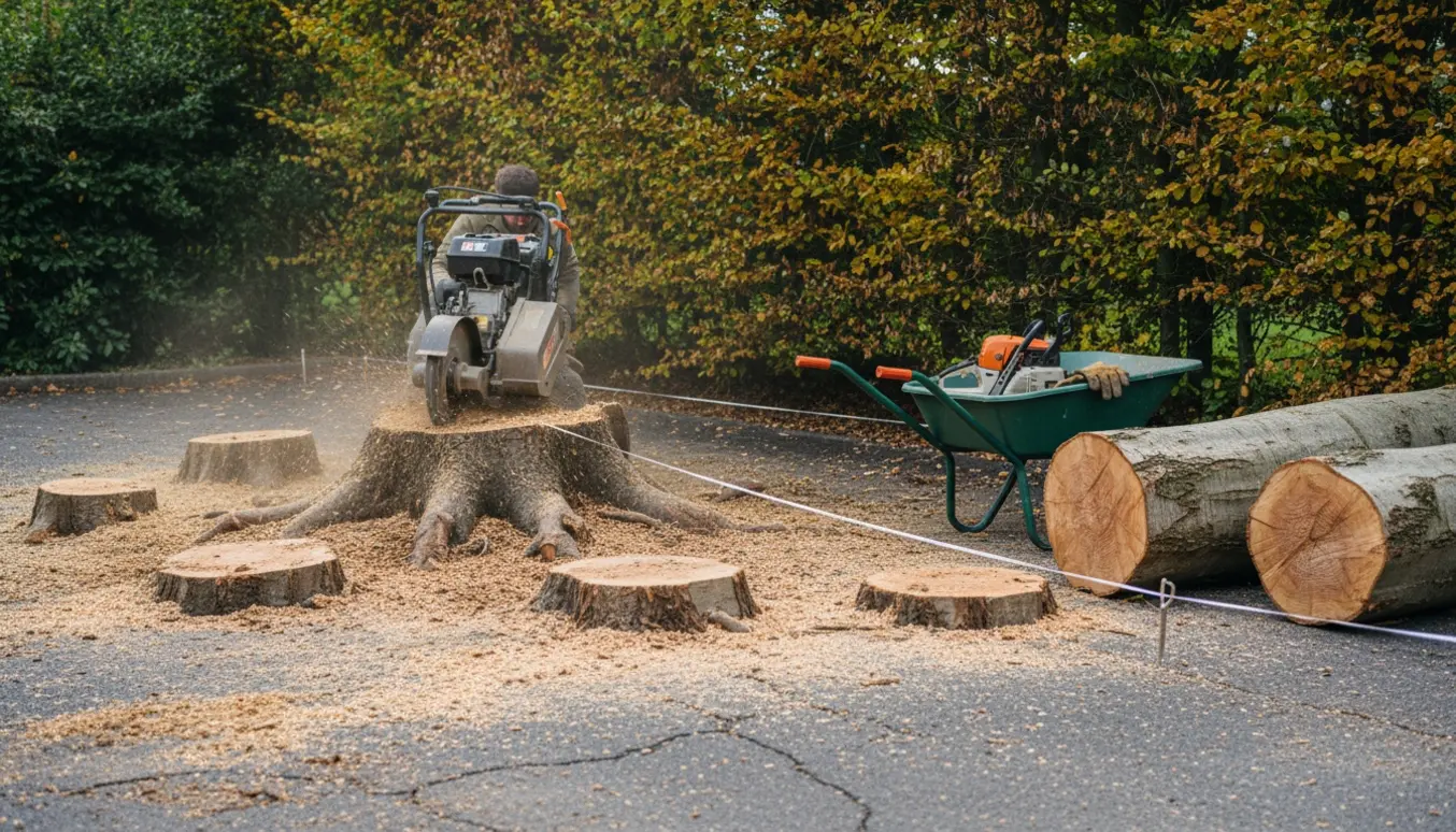 En stumpfræser fjerner rødder fra 3–4 nedskårne bøgehække i en indkørsel klar til udvidelse.