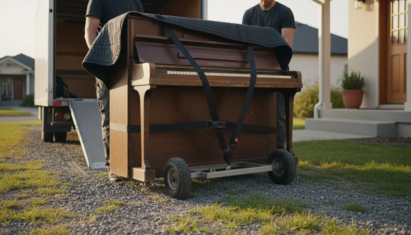 Et gammelt opretstående klaver bliver forsigtigt flyttet fra en varevogn over grus og græs mod et lavt trin.