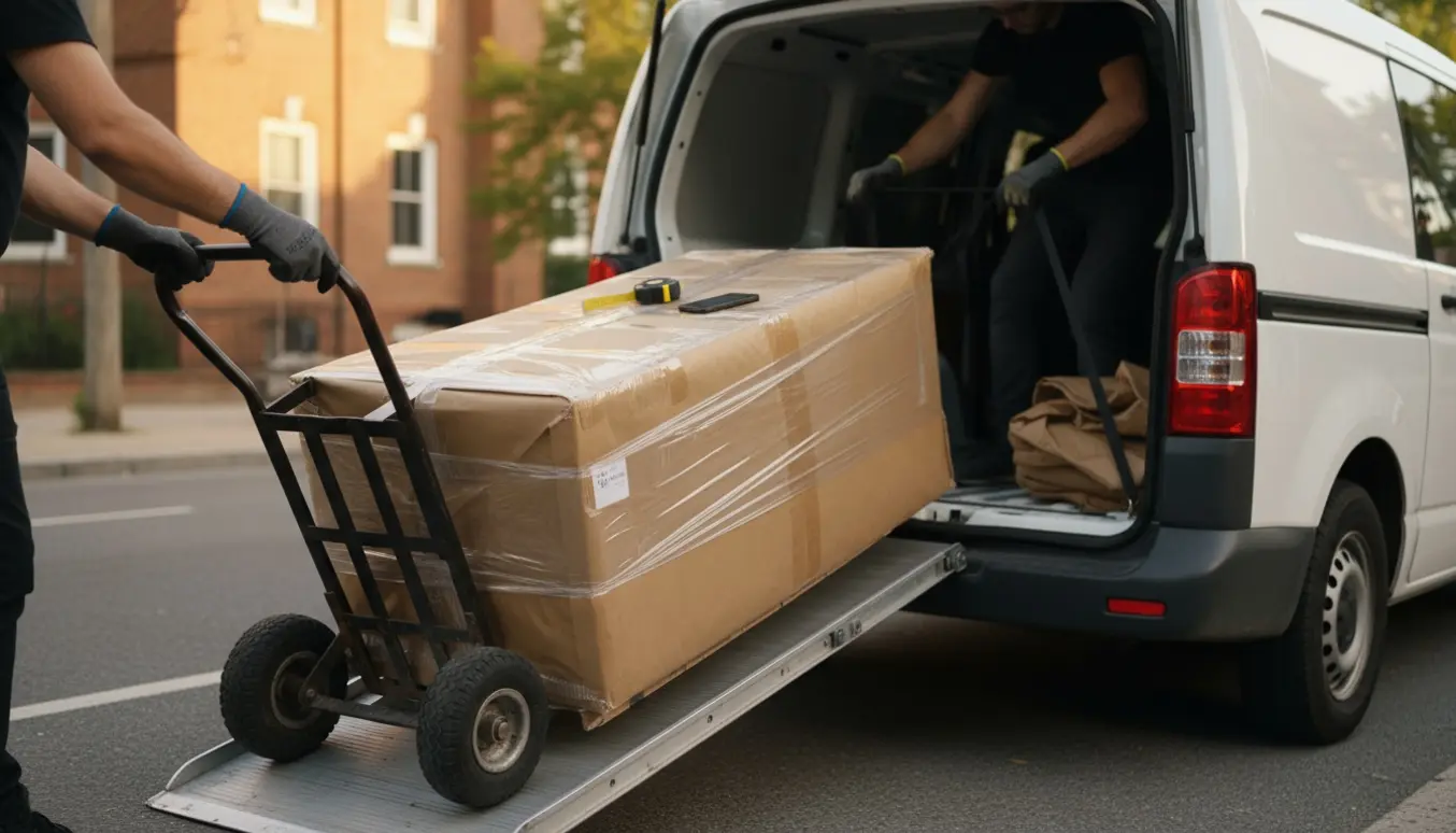 Stor indpakket pavillon bliver læsset i en varevogn på en stille gade, to personer arbejder med handsker.