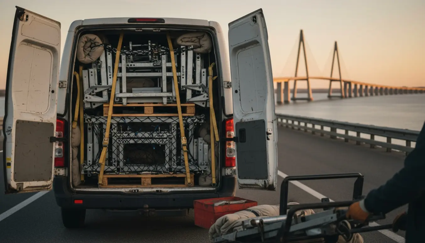 Åben varevogn med cirka ti adskilte metalrammer til en Autovip, fastspændt med stropper, med en stor bro i baggrunden.
