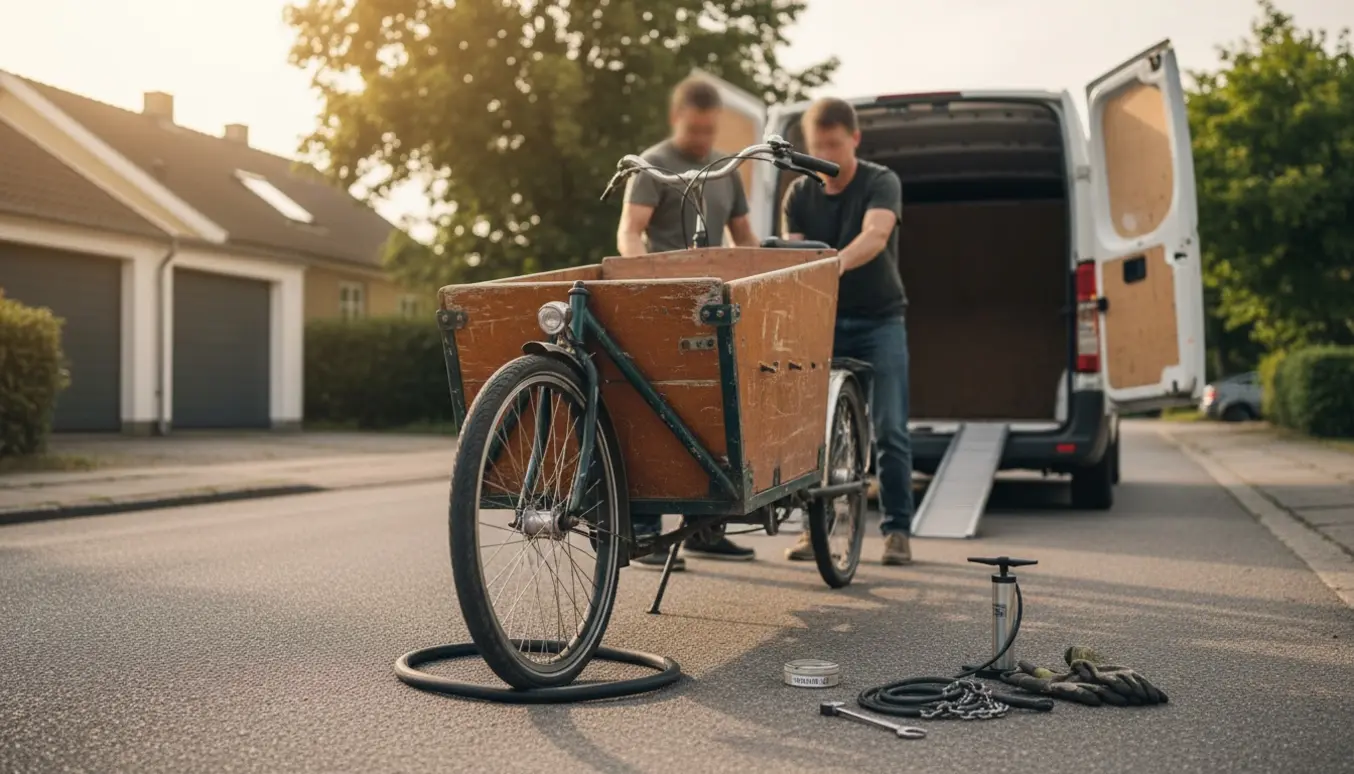Stor ladcykel med punkteret forhjul læsses på en varevogn ved hjælp af en rampe.