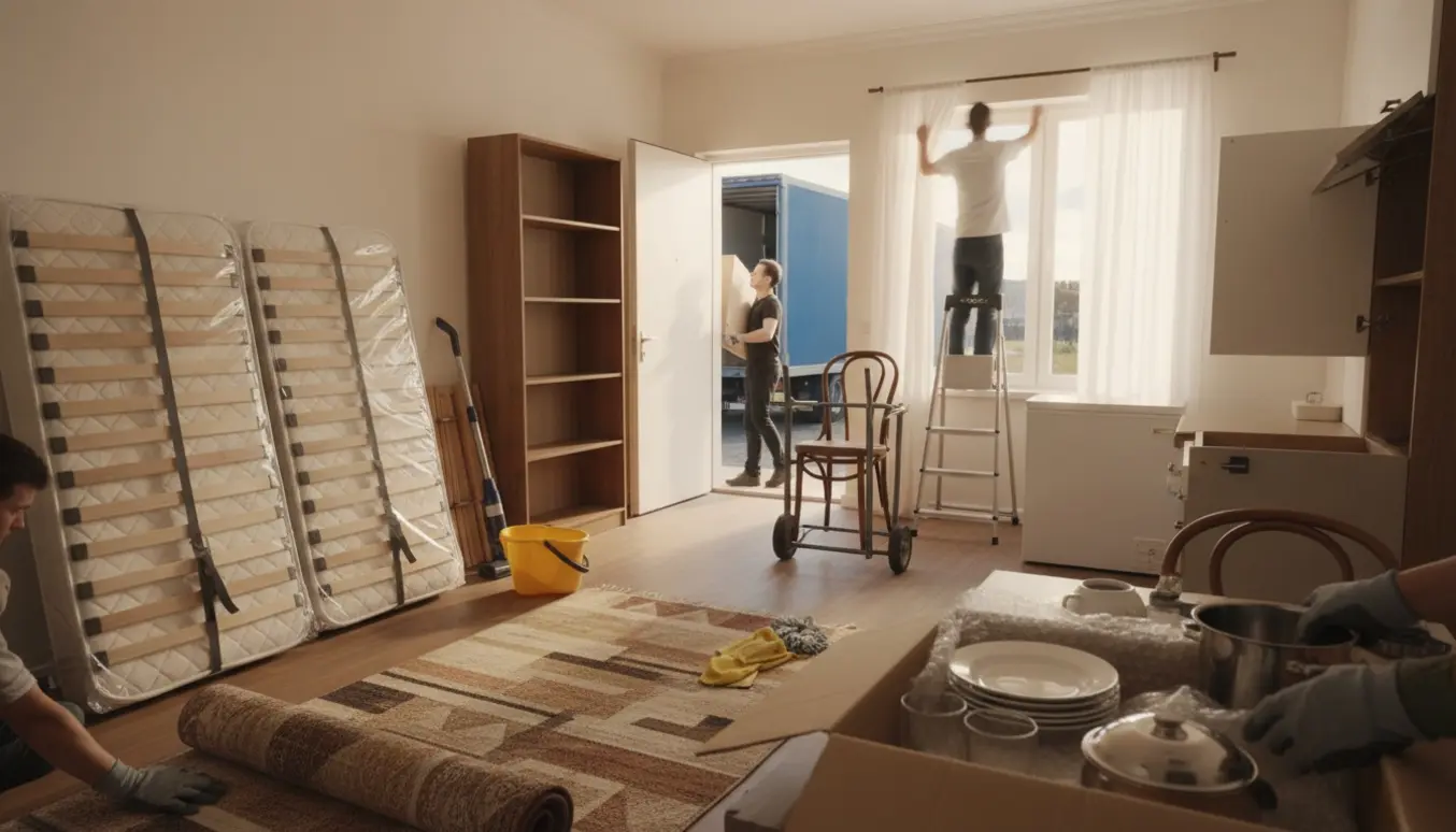 Flyttefolk pakker møbler, porcelæn og køkkenudstyr i en lys lejlighed, ruller tæppe sammen og tager gardiner ned.