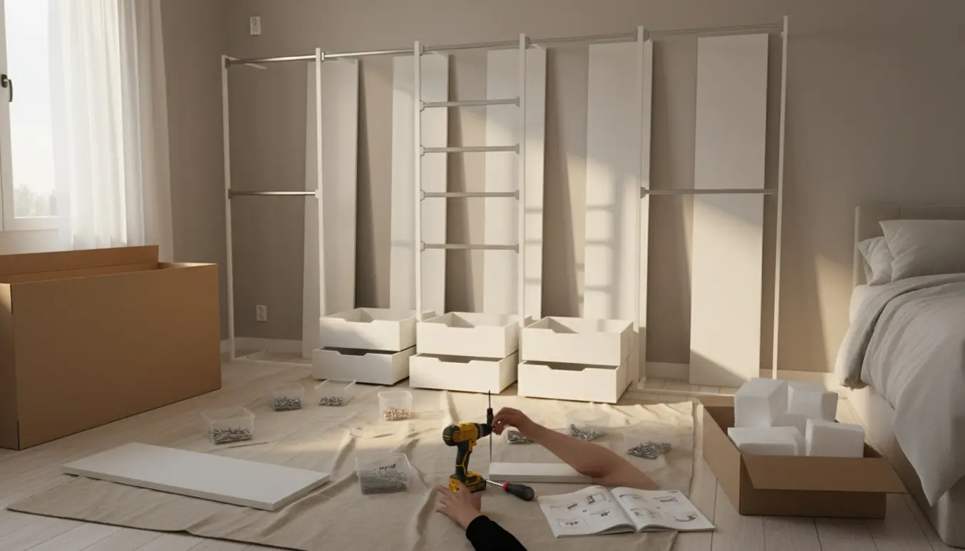 Delvist samlet PAX-garderobe i soveværelse med hænder og værktøj, der monterer skabsdele.