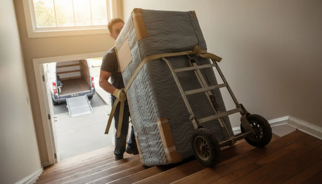 To flyttemænd manøvrerer et køleskab op ad trappen til en lejlighed på anden sal, uden synlige ansigter.