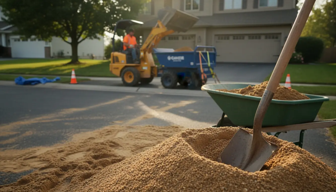 Stor bunke sand på indkørsel bliver læsset i en mini-dumper med skovle og trillebør i forgrunden.